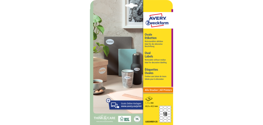 Avery Removable Labels ft 63.5 x 42.3 mm (w x h), oval, 450 pieces, 18 per sheet