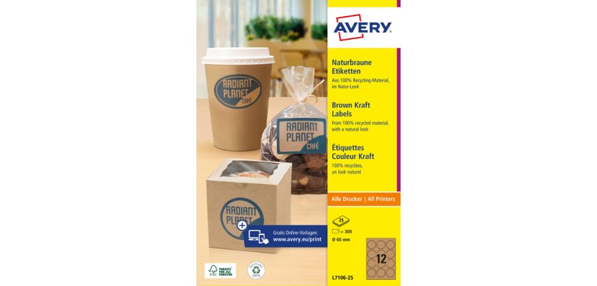 Avery L7106-25 60mm kraft labels 300 pieces