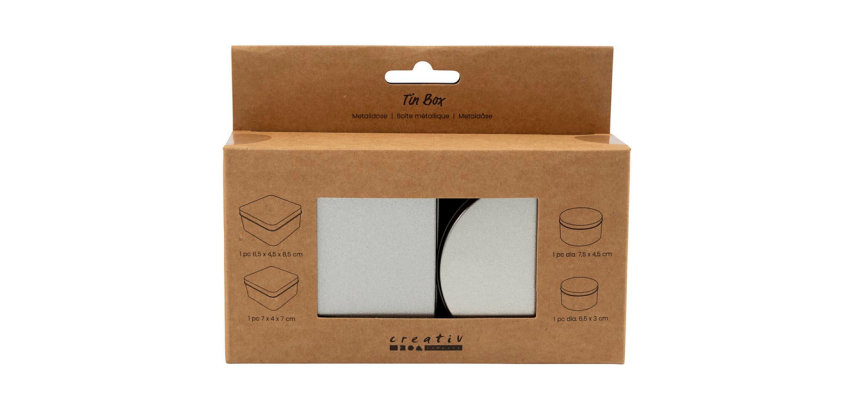 Runde und quadratische Creativ Company Boxen Set 4 Stück Silber