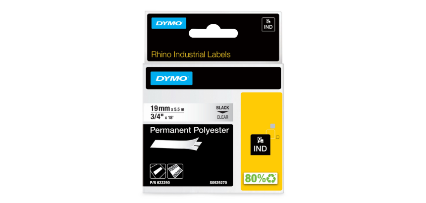 Labeltape Dymo Rhino industrieel polyester 19mm zwart op transparant