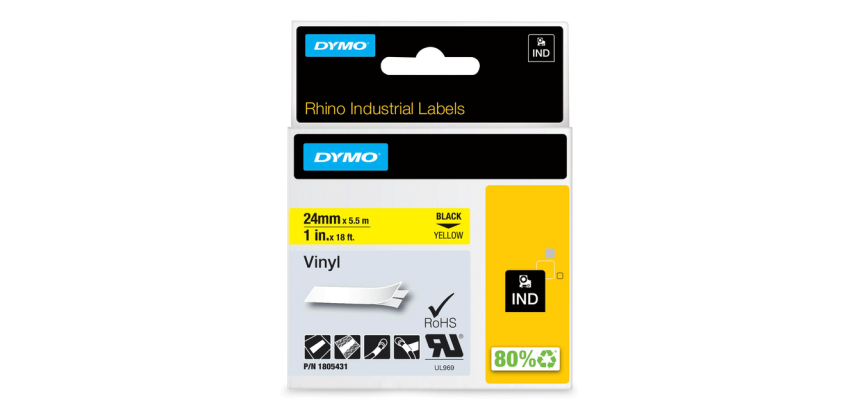 Labeltape Dymo Rhino industrieel vinyl 24mm zwart op geel