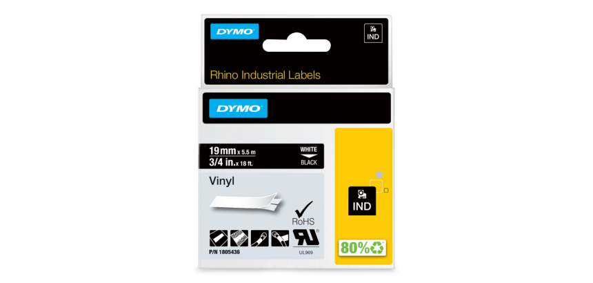Dymo RHINO Vinylband 19 mm, Weiß auf Schwarz