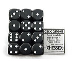 Dobbelsteen Chessex Black/white D6 16mm set à 12 stuks