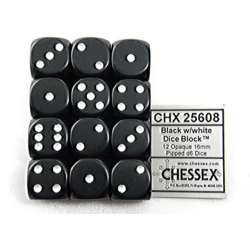Dés Chessex Black/white D6 16mm lot de 12 pièces
