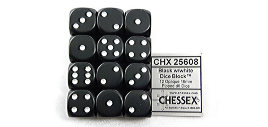 Dobbelsteen Chessex Black/white D6 16mm set à 12 stuks