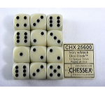 Dés Chessex Ivory/black D6 16mm lot de 12 pièces