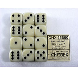 Dobbelsteen Chessex Ivory/black D6 16mm set à 12 stuks