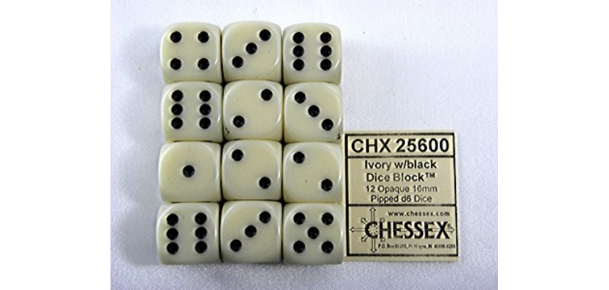 Chessex Würfel Elfenbein/schwarz D6 16mm Set aus 12 Stück