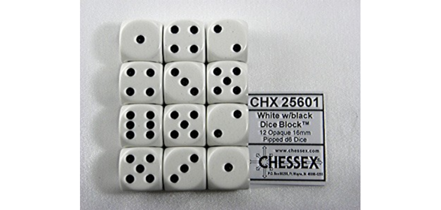 Dobbelsteen Chessex White/black D6 16mm set à 12 stuks