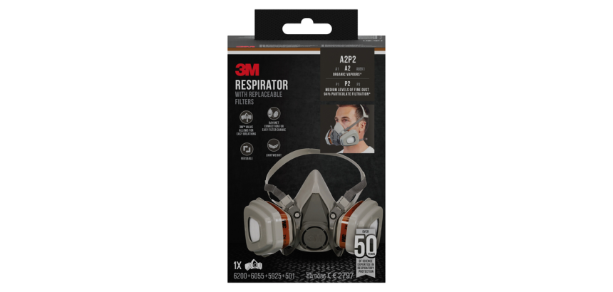 3M Mask with Replaceable Filters 6002KIT-1, A2P2, Organic Vapors