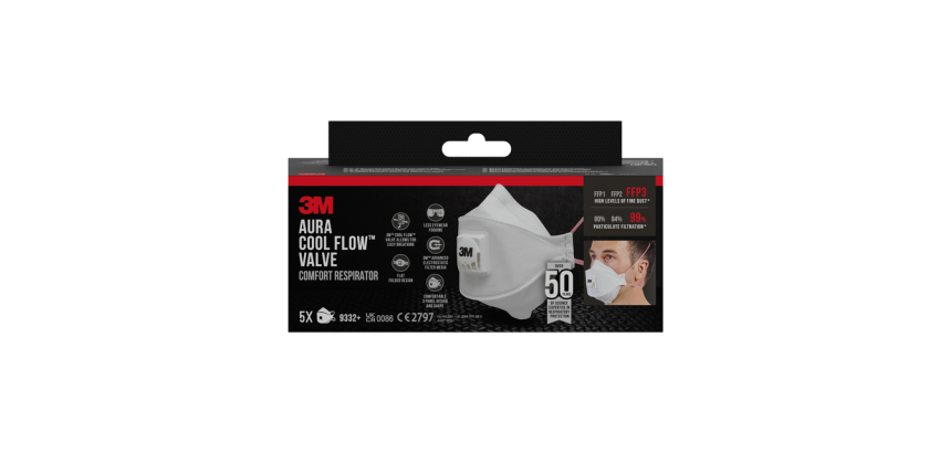 3M Aura Comfort Cool Flow 9332 FFP3 valve particulate respirator mask 5 pieces