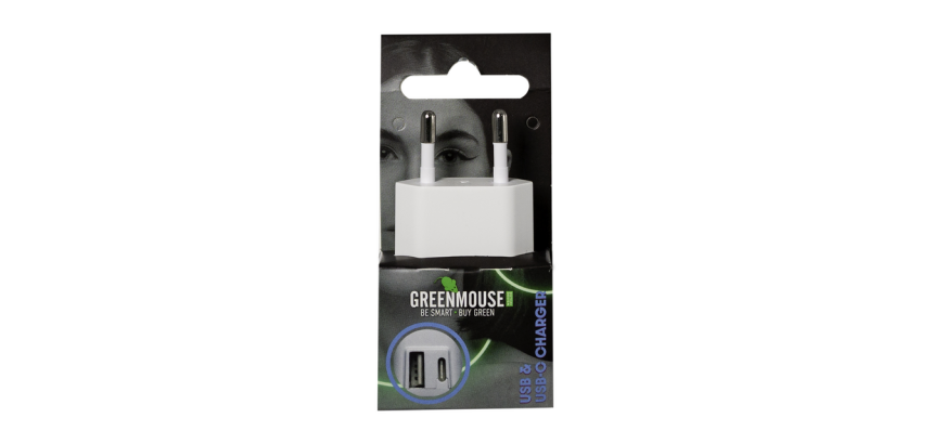 Green Mouse USB-C Charger 1x USB-A 1x white blister