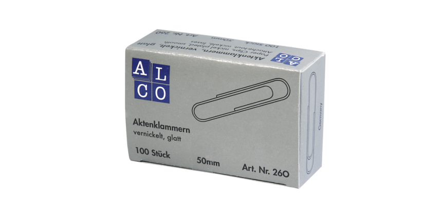 Nickel-Plated Round Alco 50mm Paperclips, 100 Pieces