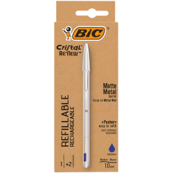 Balpen Bic Cristal Re-new medium zilver + 2 vullingen blauw