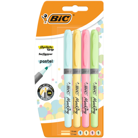 Surligneur BIC Grip pastel assorti blister 4 pièces