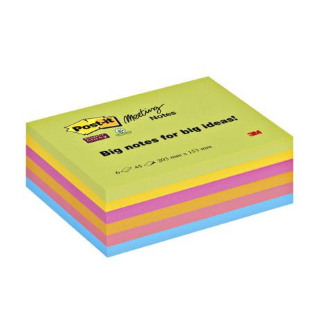 Bloc-mémos Post-it 8645 Super Sticky 203x153mm assorti 6 pièces