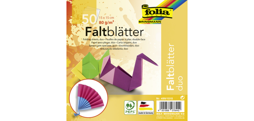 Papier à plier Folia double-face 80g 15x15cm 50 feuilles 10 couleurs duo