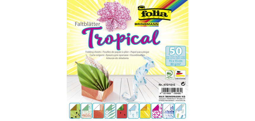 Doppelseitiges Faltpapier Folia 80g 15x15cm 50 Blatt 10 tropische Designs