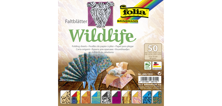 Vouwblaadjes Folia 80gr 15x15cm 50 vel 2-zijdig 10 wildlife designs