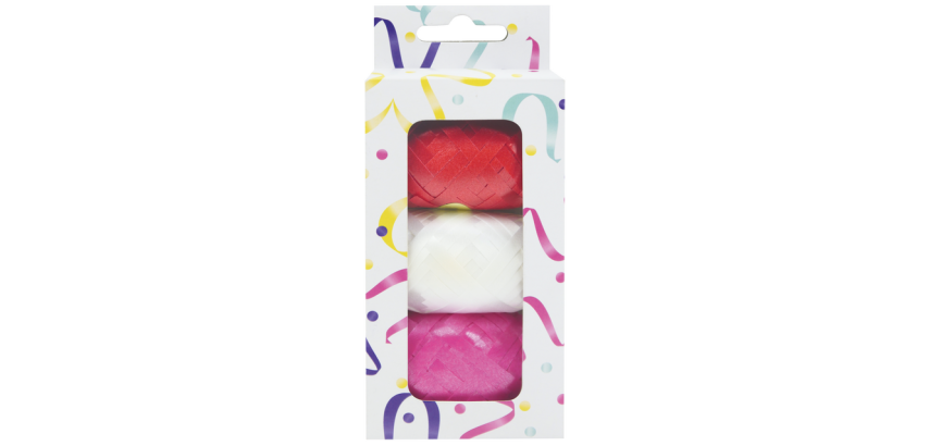 Red/white/pink package ribbon.