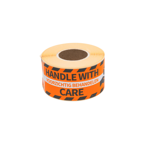 Waarschuwingsetiket Rillprint handle with care 46x125mm oranje