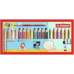 Crayon de couleur STABILO 880 Woody 3-en-1 + taille-crayon et pinceau ass étui 18pcsec taille-crayon