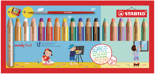 Crayon de couleur STABILO 880 Woody 3-en-1 + taille-crayon et pinceau ass étui 18pcsec taille-crayon
