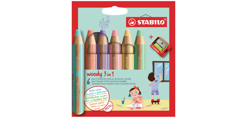 Crayon STABILO 880 Woody set 6 couleurs pastel avec taille-crayon
