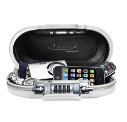 Mini coffre portable Master Lock Safe Space à combinaison et câble blanc