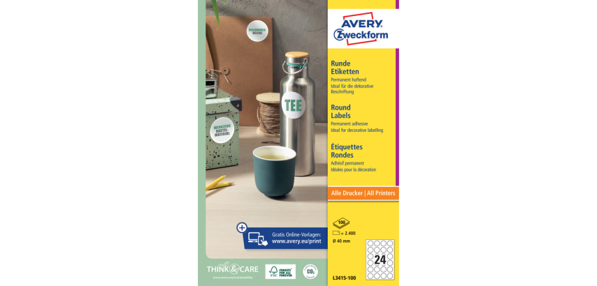 Etiket Avery L3415 rond 40mm wit 2400 stuks