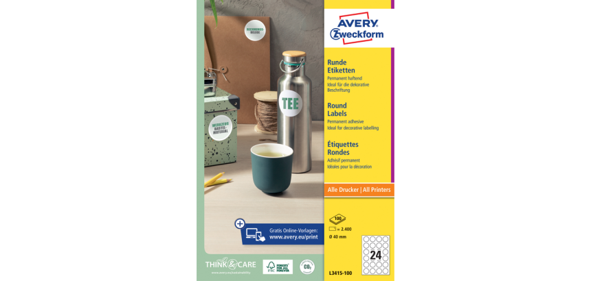 Etiket Avery L3415 rond 40mm wit 2400 stuks