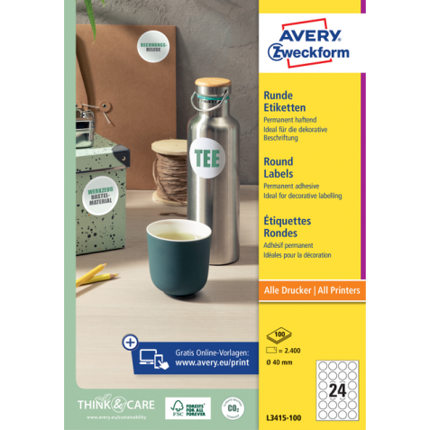 Etiket Avery Zweckform L3415 rond 40mm wit