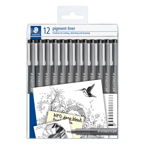 Fineliner Staedtler Pigment 308 zwart set à 12 breedtes