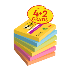 Bloc-mémos Post-it 654 Super Sticky 76x76mm Carnaval 4+2 gratuits