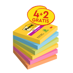 Bloc-mémos Post-it 654 Super Sticky 76x76mm Carnaval 4+2 gratuits