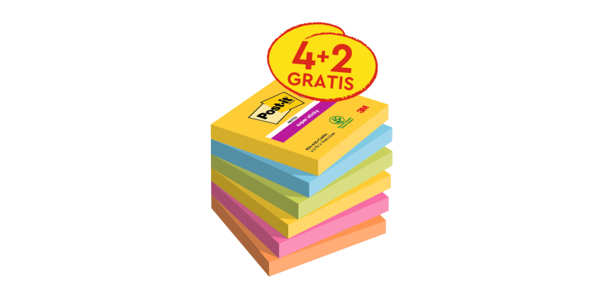 Bloc-mémos Post-it 654 Super Sticky 76x76mm Carnaval 4+2 gratuits