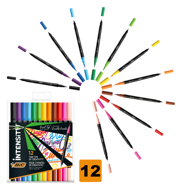 BIC Intensity Feutres Coloriage Pointe Fine Incurrvée - Corps Noir Mat - Pochette 24 Couleurs Assorties