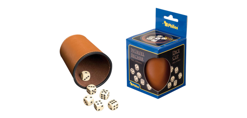 Gobelet à dés Tuckers Fun Factory similicuir inclus 6 dés