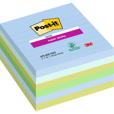 Bloc-mémos Post-it 675-6 Super Sticky 101x101mm Oasis 6 pièces