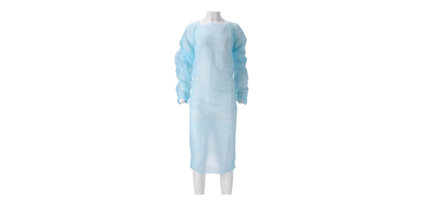 Schort CMT 115x105cm 30mu geruwd lange mouw CPE blauw 20 stuks