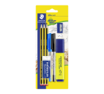 Crayon Staedtler Noris HB blister avec stylos bille, surligneur, gomme, et taille-crayon set 8 pièces