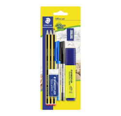 Crayon Staedtler Noris HB blister avec stylos bille, surligneur, gomme, et taille-crayon set 8 pièces
