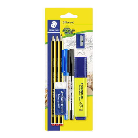 Schrijfset Staedtler inhoud 3 Noris potloden HB - 2 balpennen, markeerstift, gum en slijper 8 stuks