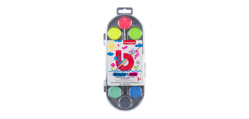 Bruynzeel Watercolor Paint with Brush Set 12 Metallic and Neon Colors
