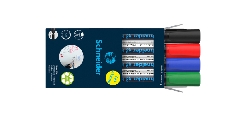 Marqueur tableau blanc Schneider Maxx 290 ogive 2-3mm assorti 3+1 gratuit