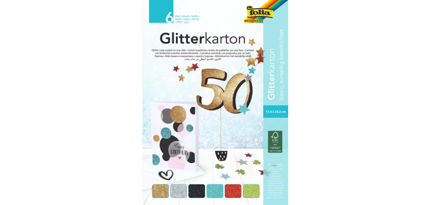 Carton à paillettes Folia 174x245mm bloc 6 couleurs basiques