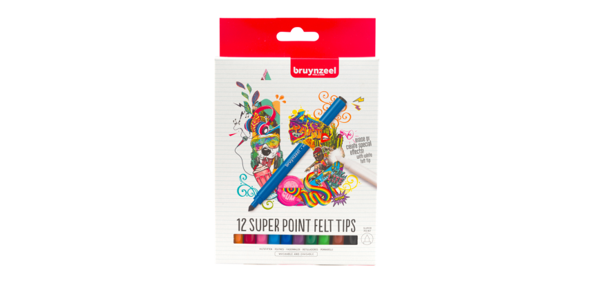 Viltstift Bruynzeel Super Point met witte wisstift set à 12 kleuren