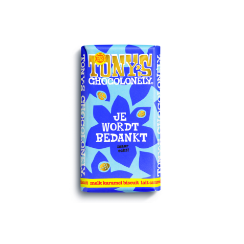 Chocolade Tony's Chocolonely je wordt bedankt reep melk karamel biscuit 180gr