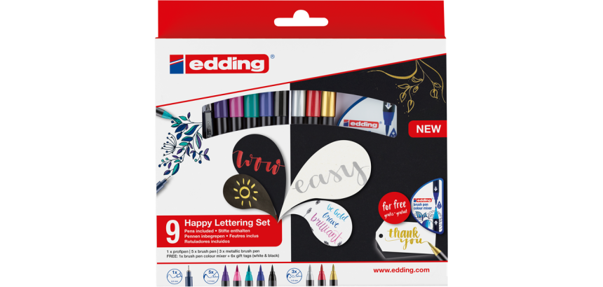 edding Pinselstift 1340 Happy Lettering Set, 9-teiliges Set sortiert