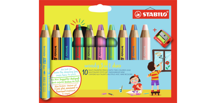 Crayon STABILO 882 Woody 3-en-1 Duo étui 10 pièces + taille-crayon